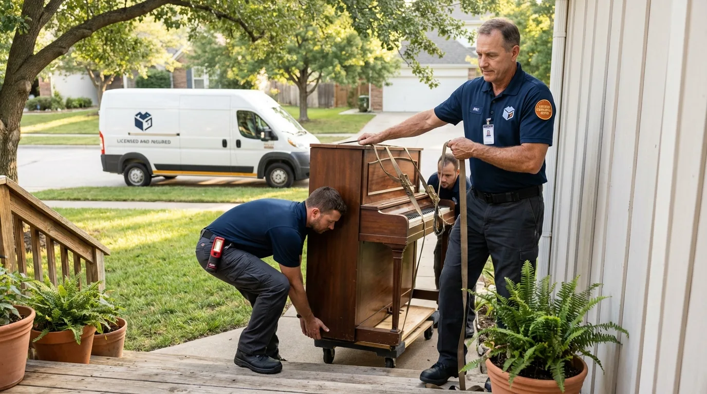 Licensed piano movers securing grand piano in Berlin, WI